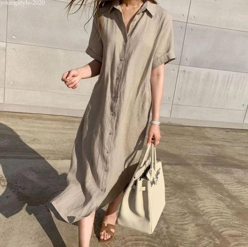Lady Summer Casual Button-Down Shirt Dress Cotton Linen Long Tunic Beach Kaftan - Bild 16 von 19