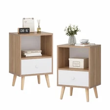 Set of 2 Nightstand 2-tier End Table with Open Shelf and Drawer for Living Room