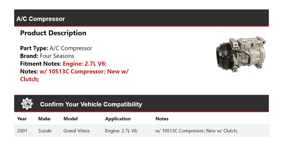 Compresor de aire acondicionado V6 de 2,7 L para Suzuki Grand Vitara 2001 4 estaciones Foto 2 de 4