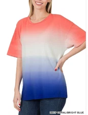 Zenana Outfitters XL  Cotton Dip Dyed Boxy Cut Round Neck Tee Shirt Coral/Blue