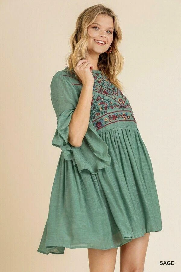 Umgee Dress Floral Embroidered Bell Sleeve Boho Babydoll Sage