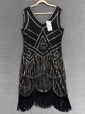 Babeyond Dress 2XL Black Gold Bead Sequin Fringe Flapper Deco NYE Party Cocktail