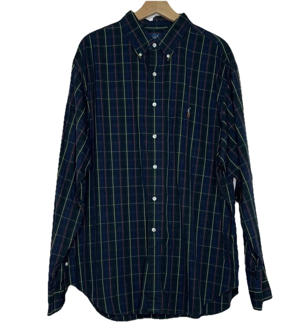 Ralph Lauren Blue Plaid Classic Fit Button Down Shirt Flesh Pony Mens 18 36/37