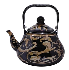 Vintage Porcelain Enamel Tea Kettle 2 Qt (2L) - Stainless Rim, All Stovetops