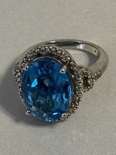 Vtg Ring 925 Silver London Blue Topaz Halo Diamond Cut RJW Size 7