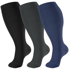 3 Pairs Plus Size Compression Socks Extra Wide Calf Women Men 20-30mmHg Suppo...