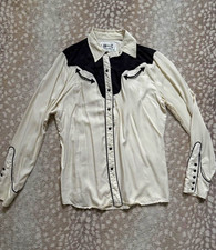 H Bar C Western Shirt Ivory/Black Woven Long Sleeve Button-Up L