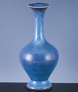 ANTIQUE CHINESE BLUE & RED HARE’S FUR JUNYAO FLAMBE GLAZED BOTTLE VASE