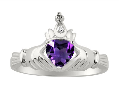 RYLOS Sterling Silver Claddagh Ring 6mm Heart Gemstone & Diamond, Sizes 5-13
