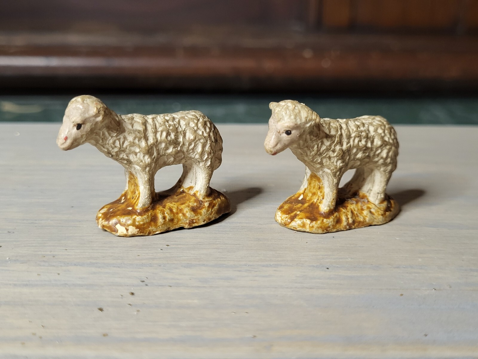 Antique French Miniature Lambs Sheep Set Of Two Vintage Nativity Animals Santon
