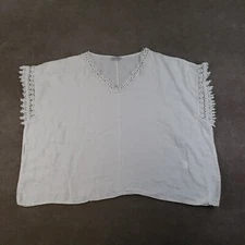 Bellambra Linen Top Womens Large White V-neck Boxy Short Sleeve Lagenlook Lace