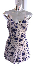 Missguided Women's Playsuit Cream  Blue Floral Spaghetti Strap V Neck Size 10