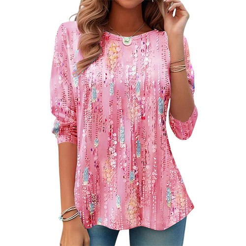 Women Print T-Shirt Tunic Top Ladies Crew Neck Long Sleeve Casual Holiday Blouse - Picture 12 of 16