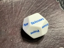 28mm D12 Twelve Sided Rock Paper Scissors Die Tabletop Game White with Blue Dice