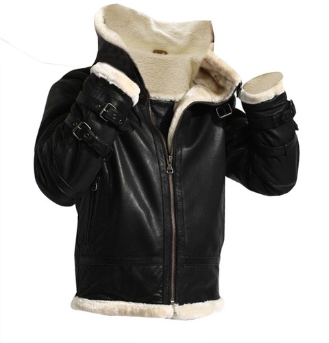 Mens Shearling Black Bomber Hoodie Aviator Real Leather Jacket Removable Hood - Picture 2 of 4