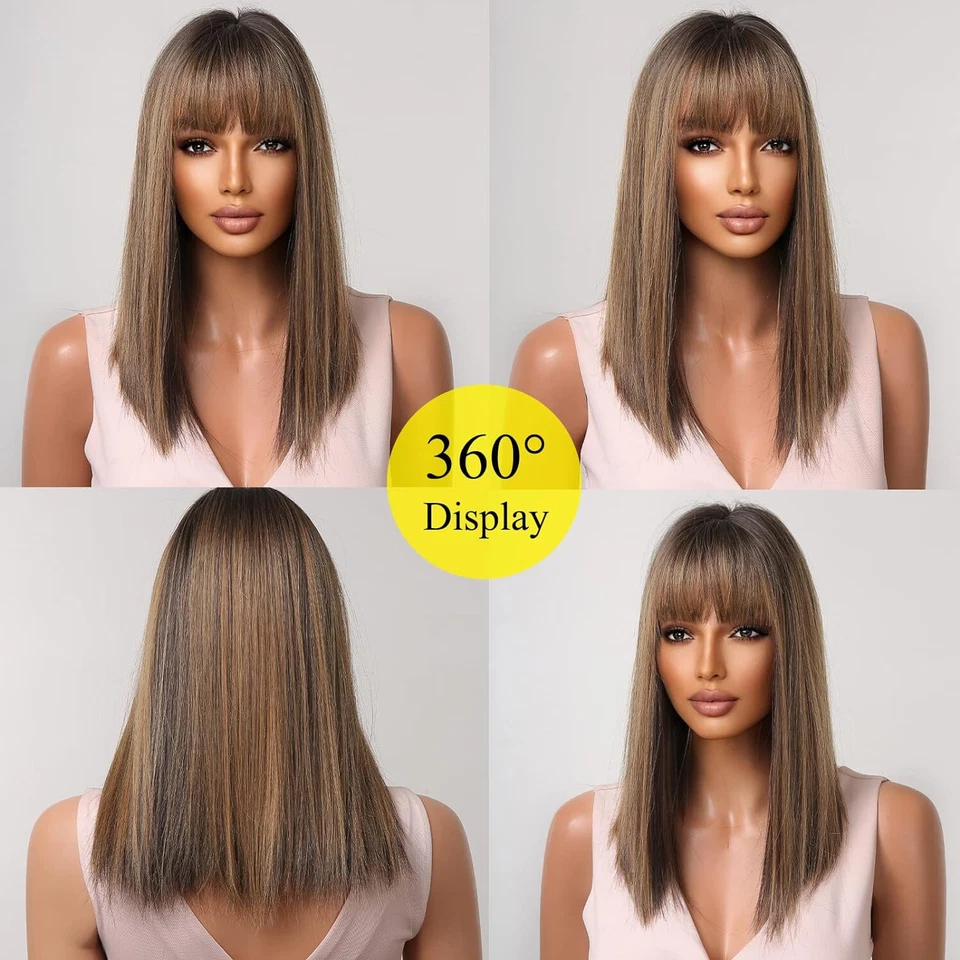 Brun mixte blond perruque pour femme usage quotidien cheveux avec une frange - Photo 4/4