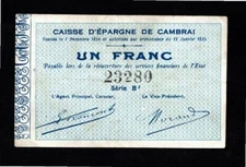 France Region of Caisse D’Epargne de Cambrai Un Franc Banknote VERY SCARCE