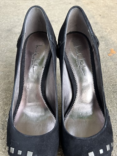 Nicole Miller New York Gun Metal Nieten schwarz High Heel Peeptoe Heels Größe 9M - Bild 6 von 8