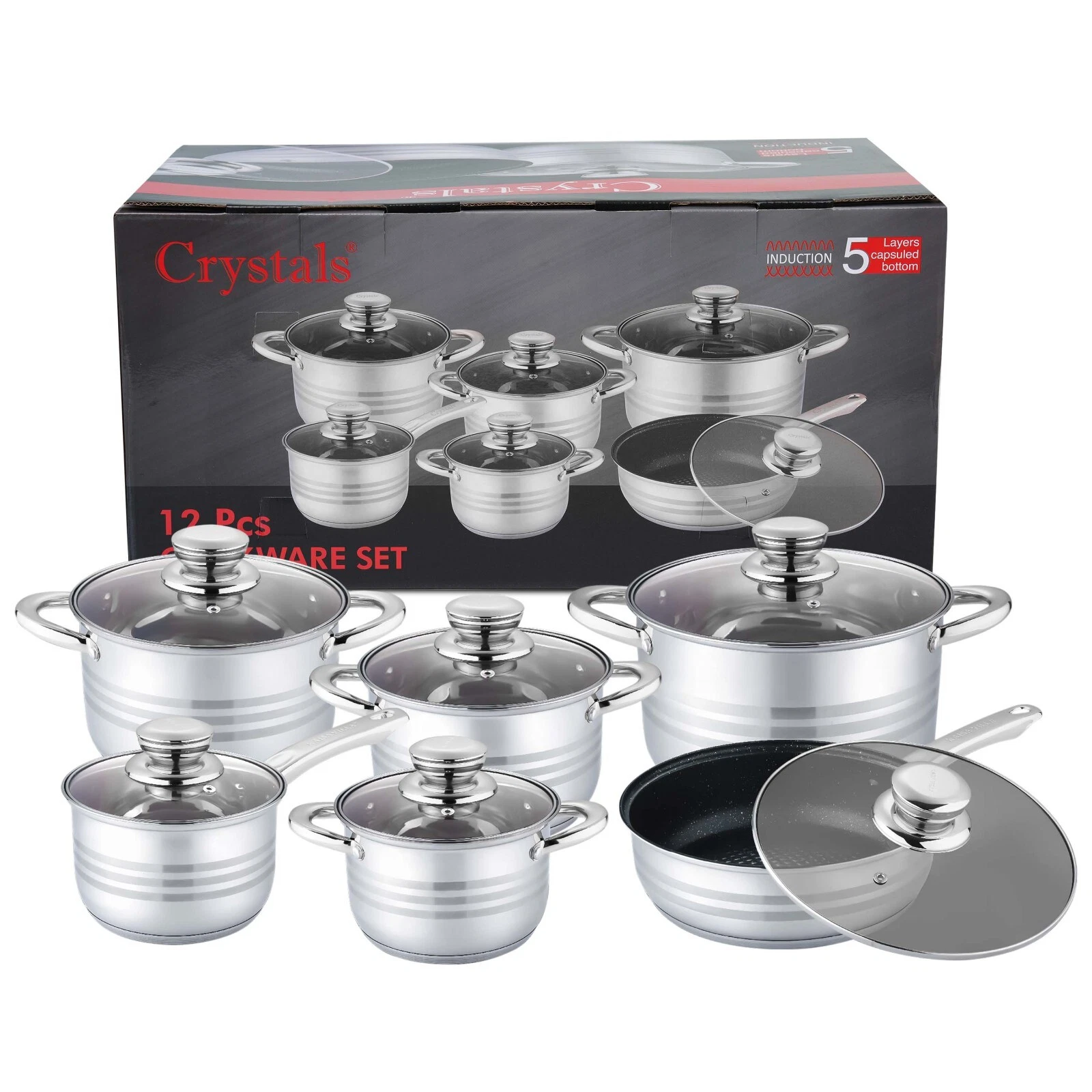 12Pcs Stainless Steel Cookware Set Casserole Stockpot Pot Hob Glass Lids
Opens in a new window or ta