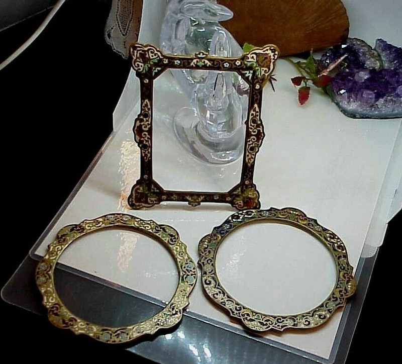 3 Antique Paris French Champleve Enamel Bronze Dore Picture Frame France Set 3pc