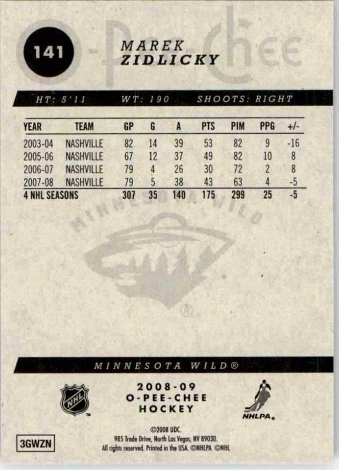 2008-09 O-Pee-Chee Marek Zidlicky #141 - Image 2 of 2