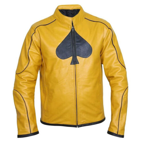 Classy Dijon Mustard Yellow Spade Logo Motorcycle Cosplay Costume Leather Jacket - Foto 1 di 5