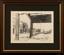 Etching by P. Holman. Dutch street scene