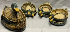 Hand Painted unsigned Pottery Mallard Duck Tureen Dish w/lid 6 Duck Shaped Bowls