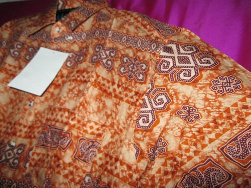 INDONESIAN BATIK SHIRT, NEW, ORANGE & MAROON, ART-S . BORNEO LABEL, SZ M/L - Picture 5 of 22