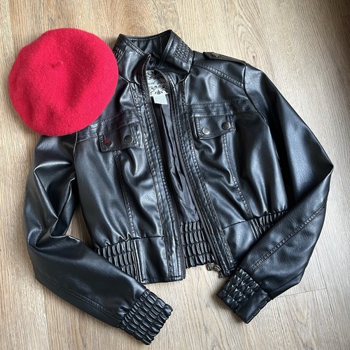 💀🍒 Y2K Wet Seal mid 2000s cropped faux leather moto jacket Size XS - Picture 9 of 9