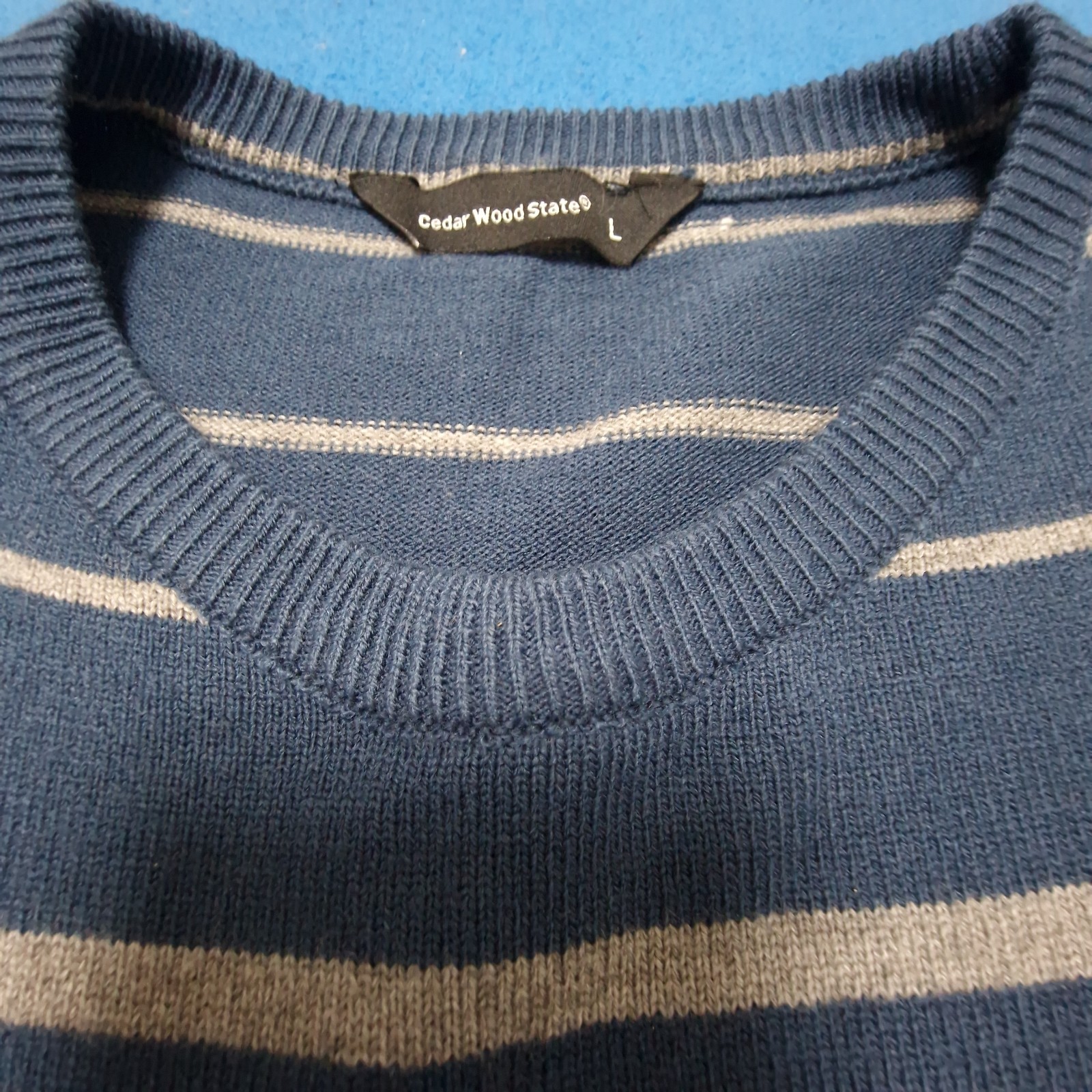Primark Sweater L Men’s Blue Grey Stripe Knit Jumper Casual Retro Vintage Y2K image 7