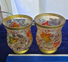 Set of 2 Crackle Glass Votive/Tea Light Holders Leaf Berry Painted 5 in