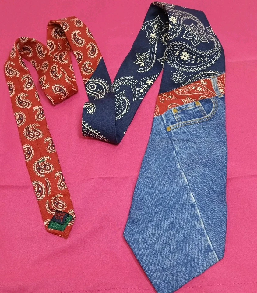 Tommy Hilfiger Hombre Corbata 100% Seda Denim Jeans Rojo Azul Bandana Hecho en EE. UU. 62" Foto 2 de 4