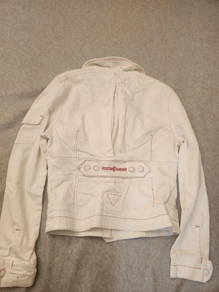 Rocawear Jacket Y2k Womens XL White Denim Moto Red Stitch Pockets Spandex - Image 2 of 4