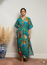 Indian Teal Blue Frida Handmade Cotton Kaftan Maxi Dress Women's Clothing Gown