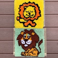 Vintage Lion Latch Hook Completed Panels 12" by 12" Pillow or Frame  READ