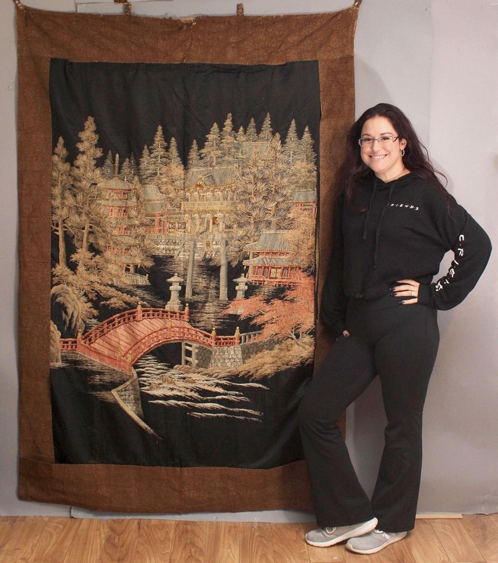 Signed 19thC Meiji Period Japanese Silk Embroidery Nihon Shishu Temple Tapestry 