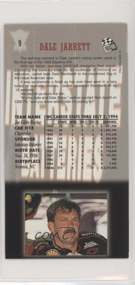 1994 Press Pass Optima XL Dale Jarrett #9 HOF - Image 2 of 2