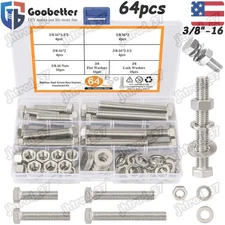64pcs 3/8-16 Hex Head Bolt Nut Flat & Lock Washer Assortment Kit Stainless Steel