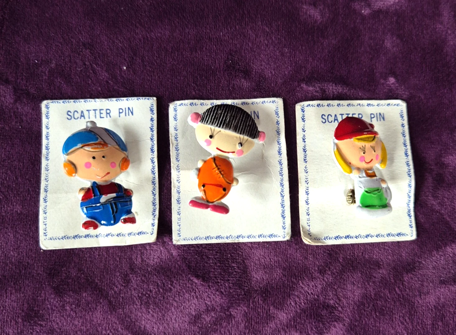 Set of 3 Vintage Metal Enamel Scatter Pins - Children