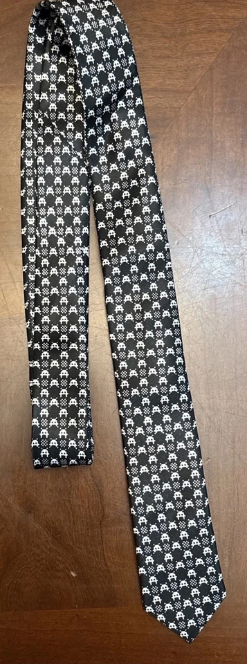 Video Game Neck Tie Atari Space Invaders Retro Gaming Black White Aliens - Image 3 of 4