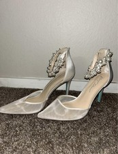 Betsey Johnson SB-Ellah Ivory Satin Rhinestone Pearl Ankle Strap Pumps / size 10