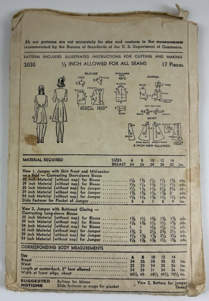 Advance 3030 Jumper Dress, Top Girls Sz 12 30" Chest Sewing Pattern VTG 40s OOP - Image 2 of 4