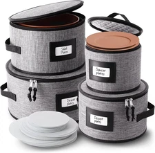 Fine China Storage Containers Hard Shell, 4 Piece Dish Plates Storage, Grey 