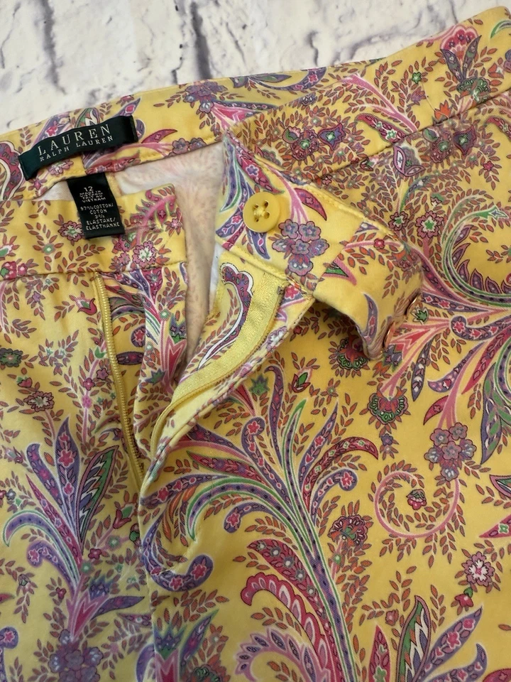 Vintage Lauren Ralph Lauren Pants Women's 12 Yellow Floral Paisley Print Preppy - Image 3 of 4