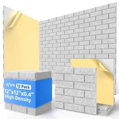12 Pack Acoustic Panels with Self Adhesive, 12'' X 12'' X 0.4'' High Density Sou...