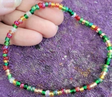 Anklet Christmas Holiday Glass Bead Beaded - Red Green Gold - Unique 10 1/2"