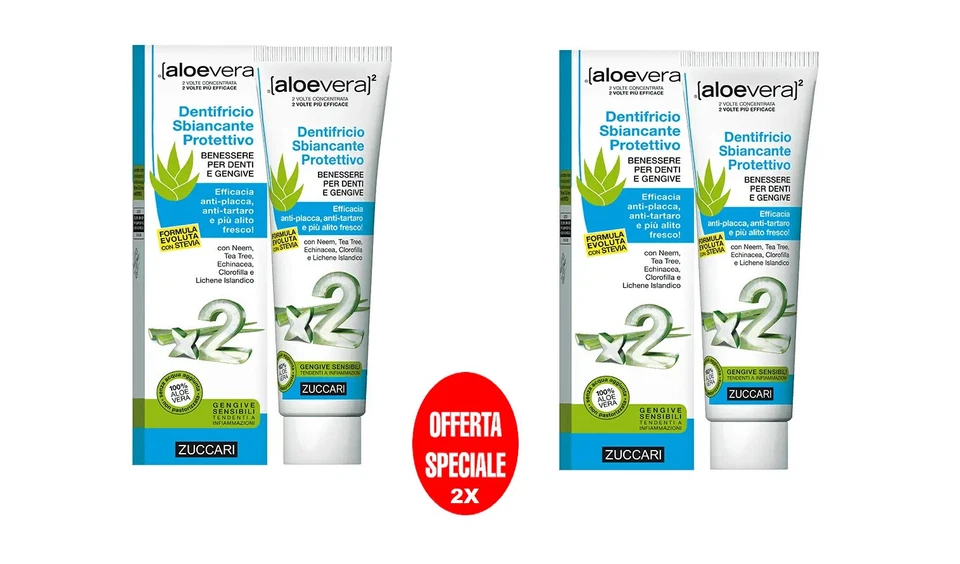 2X ZUCCARI ALOE VERA x2 DENTIFRICIO SBIANCANTE PROTETTIVO 100 + 100ml CON NEEM