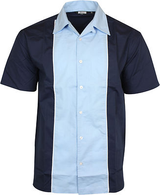 Relco Herren Blau & Marineblau Bowling Hemd Rockabilly Retro 50s Club Swing