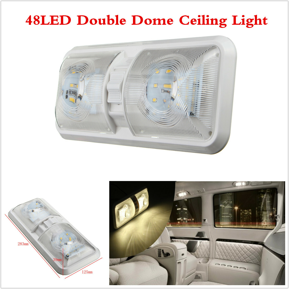 Car Double Dome Roof Ceiling Light LED Interior Lamp Natural White 4000-4500K